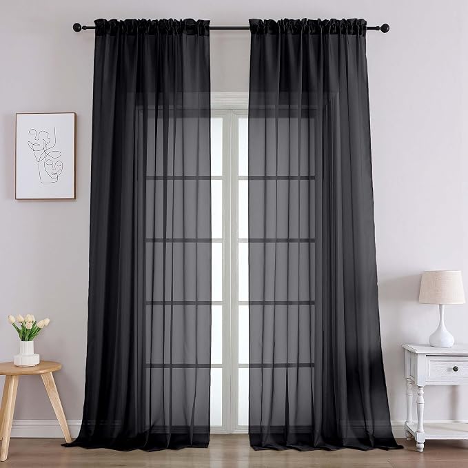 Chyhomenyc Black Sheer Curtains 96 Inches Long 2 Panels, Light Filtering Black by Chyhomenyc
