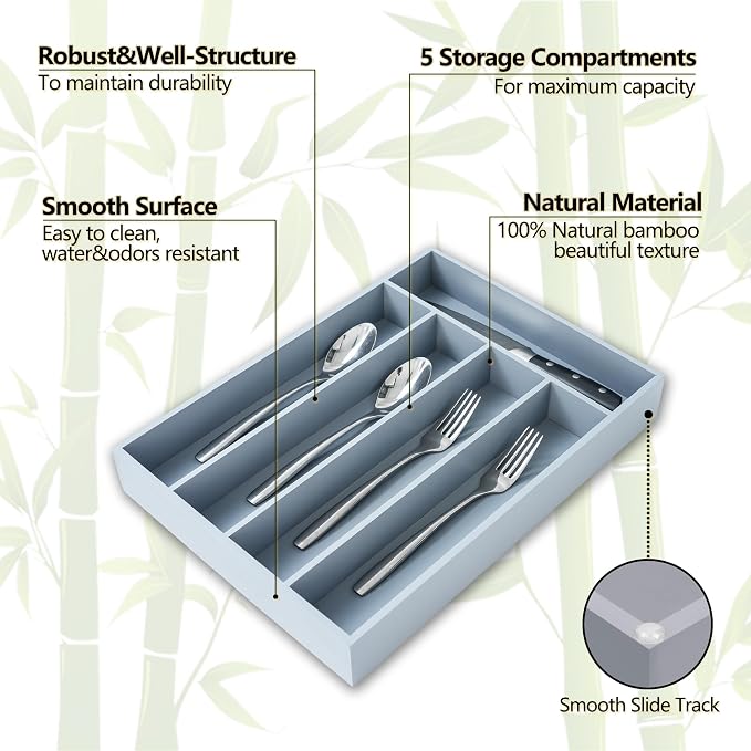 Silverware Organizer, 10 Inch Utensil Organizer Kitchen Drawer Organizer Bamboo - Image 3