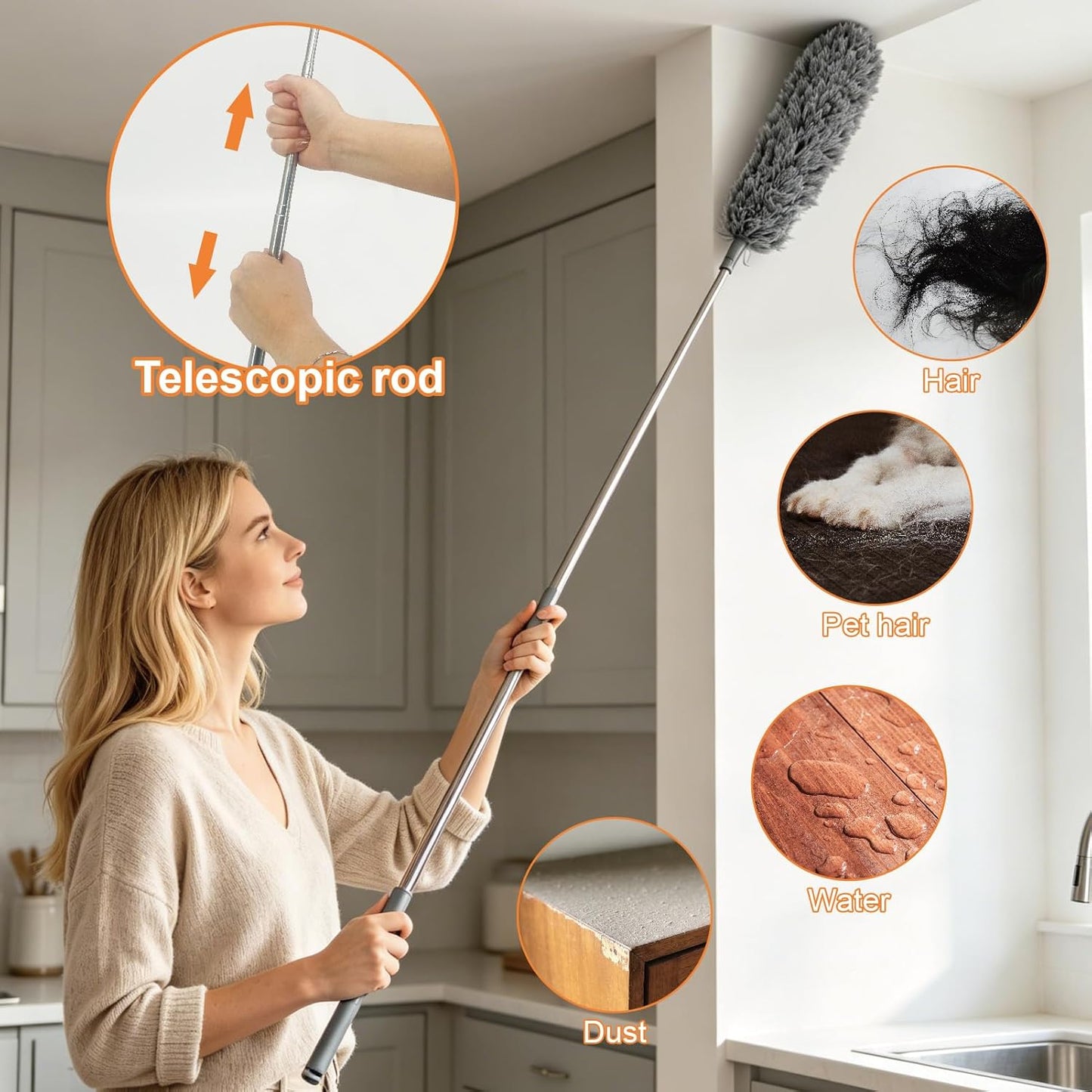15 PCS Feather Dusters for Cleaning, Microfiber Duster with Extension Pole 100in, Extendable Duster for High Ceilings, Ceiling Fans, Baseboards, Blinds, Car Interior - Washable Reusable Dusting Tools