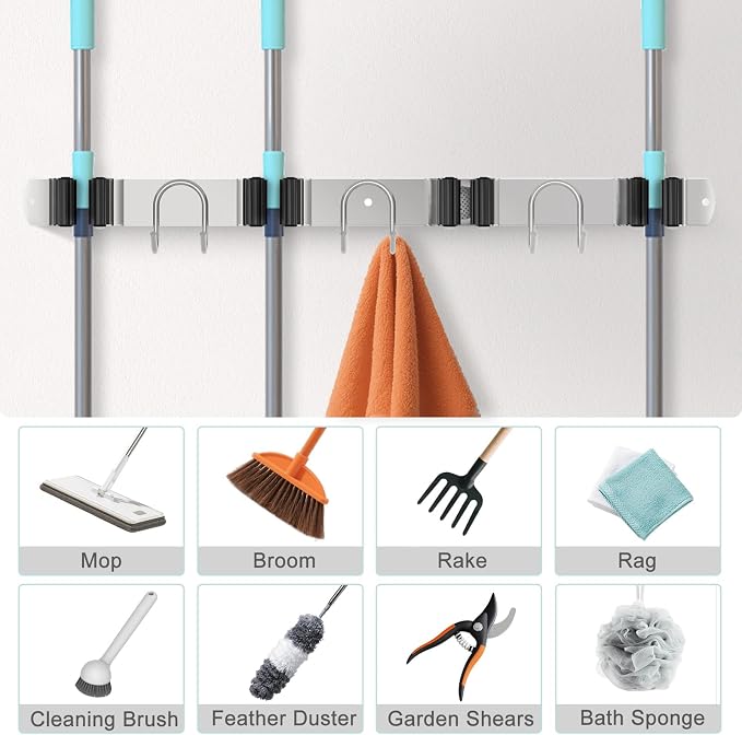 Mop Broom Holder Wall Mount, 2 Packs Silver Stainless Steel Tool Storage - Image 6