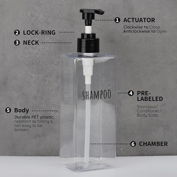 Segbeauty Clear Square Shampoo Bottles, 500ml Empty Reusable Bathroom Shower - Image 3