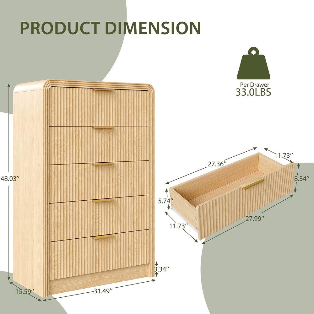 Decofy Fluted 5 Drawers Dresser, 48" Tall Chest of Drawers for Bedroom