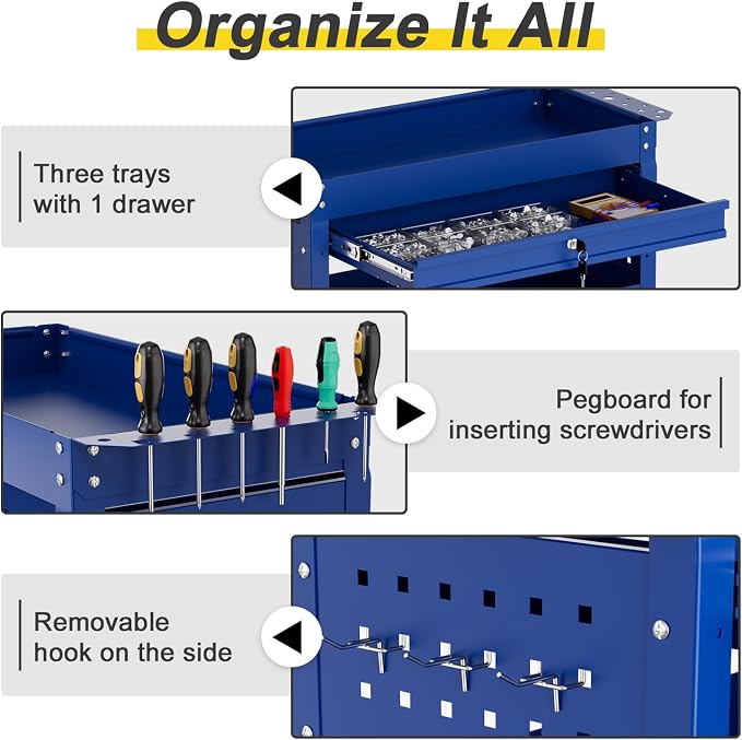 3-Tier Rolling Tool Cart with Drawers, Heavy Duty Utility Storage Cart with - Image 5