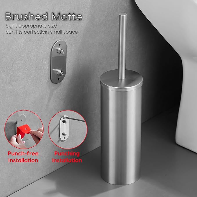 Brushed Stainless Steel Toilet Brush and Cover, No-Punch Hook Base Dual Purpose - Image 5