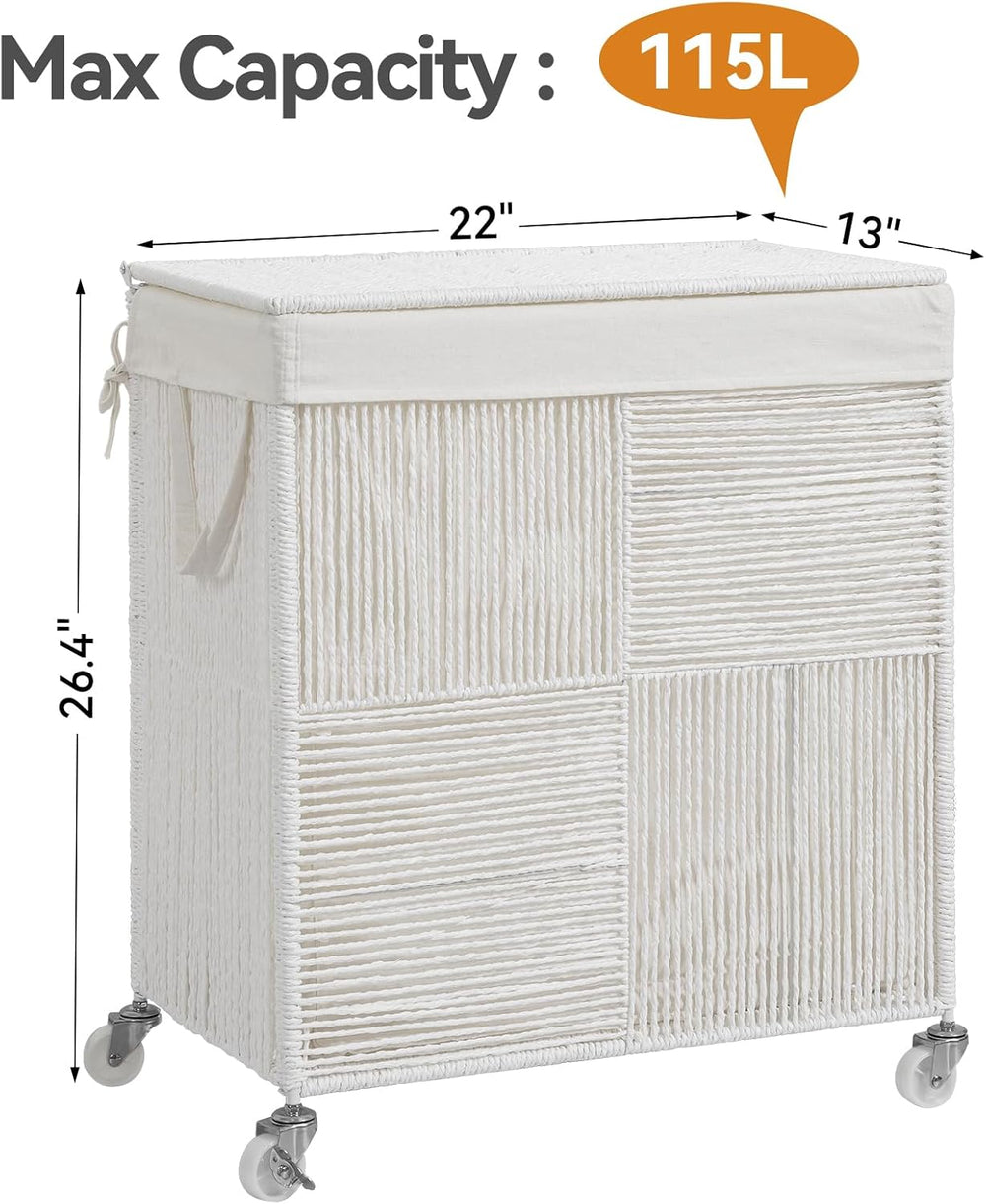 WOWLIVE Double Laundry Hamper with Wheels, Handwoven Rolling Laundry Basket
