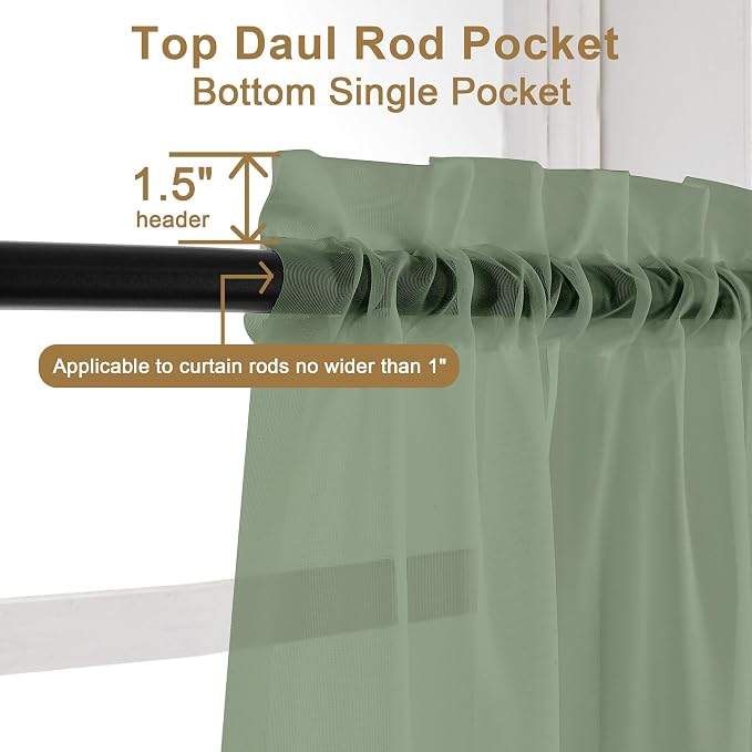 Chyhomenyc Sheer Sage Green Curtains 90 inches Long 2 Panels, Light Filtering - Image 3