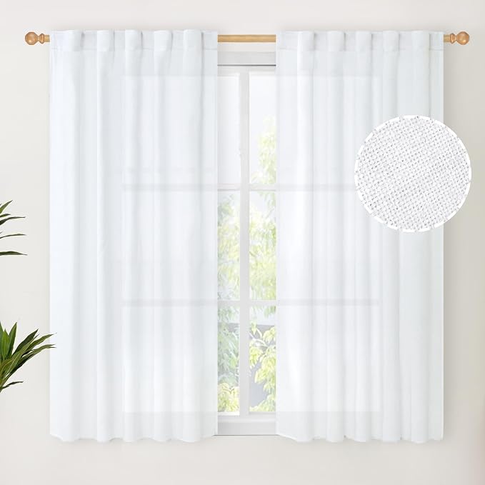 YoungsTex Short White Linen Curtains 45 Inch Length 2 Panels by YoungsTex