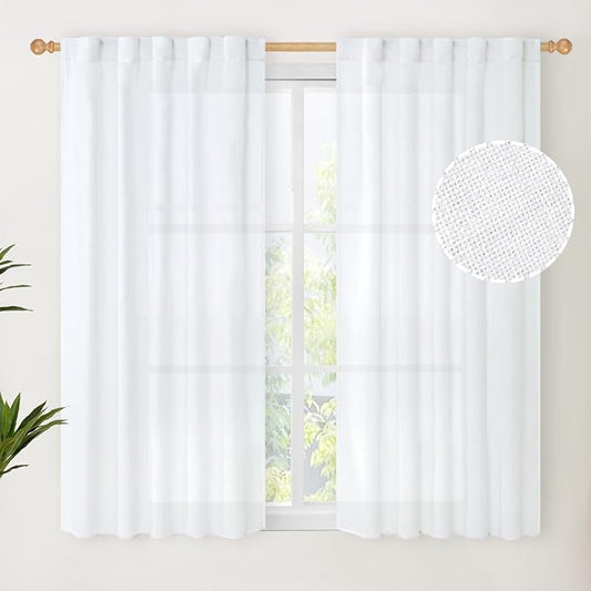 YoungsTex Short White Linen Curtains 45 Inch Length 2 Panels by YoungsTex