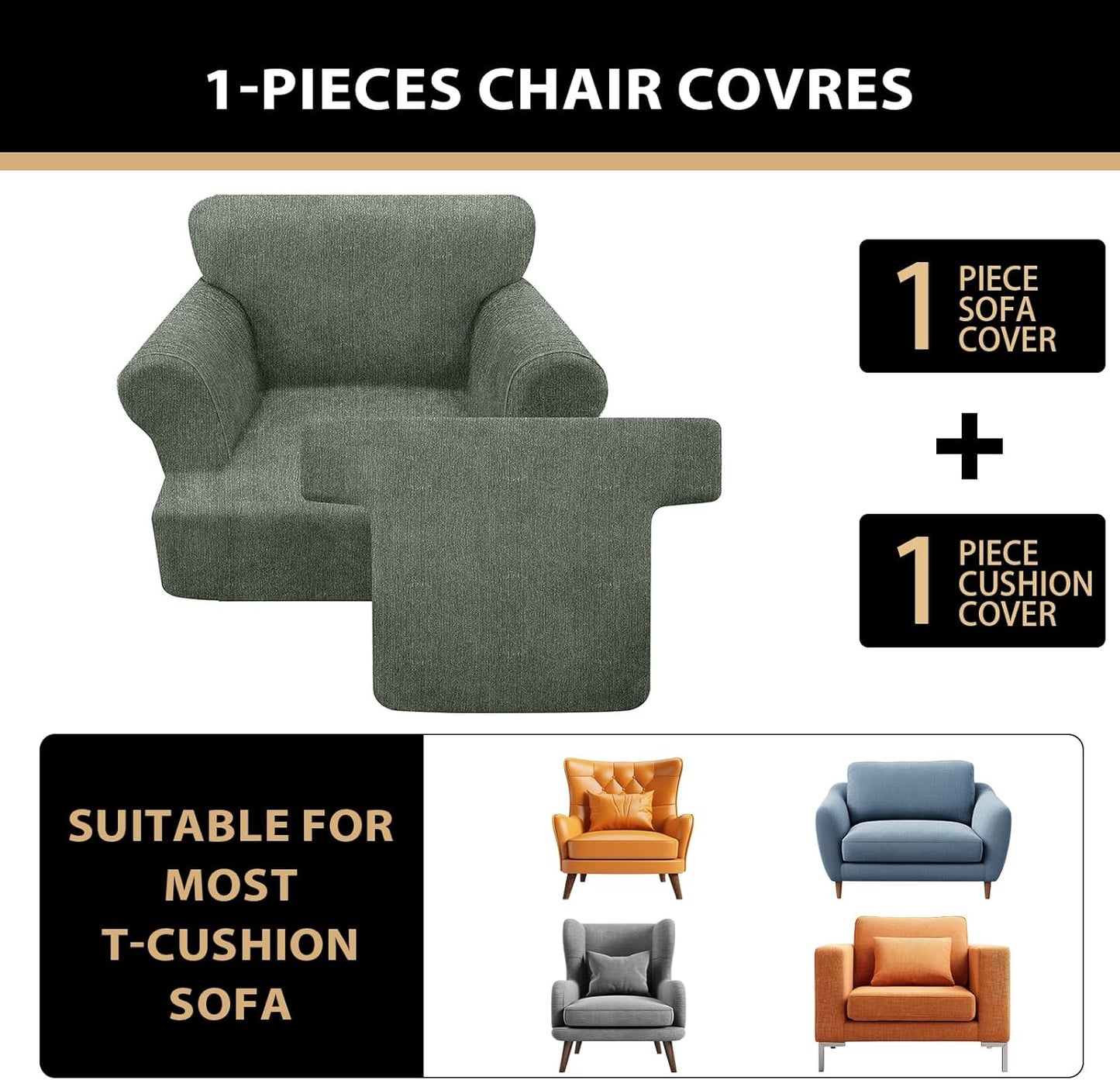 Sofa Cover 2 Pieces T Cushion Chair Covers with Arms Super Stretch Chair Slipcover for Living Room,Slip Cover Anti Slip Armchair Furniture Protector Pet Universal(Green, 1 Cushion)