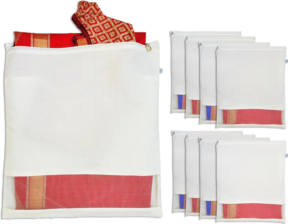 Reusable Cotton Saree Cover with Blouse compartment big size for Storage, War...