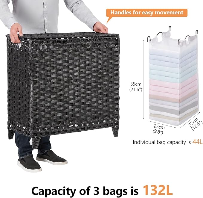 Laundry Hamper with 3 Removable Liner Bags; 132L Handwoven Rattan Laundry - Image 4