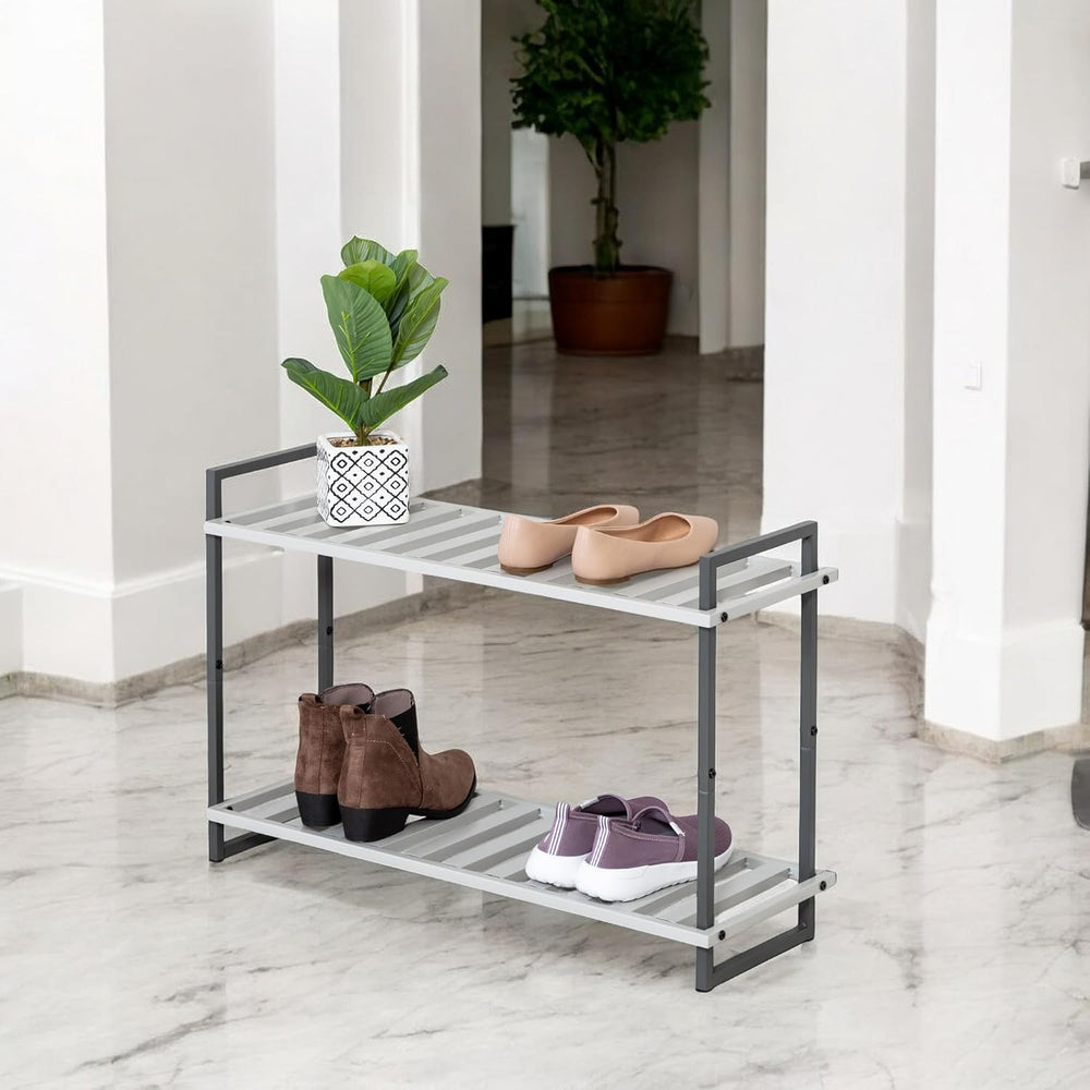 Honey-Can-Do 2-Tier Steel Shoe Rack, Slatted Shelves, Tube Piping, Grey &...