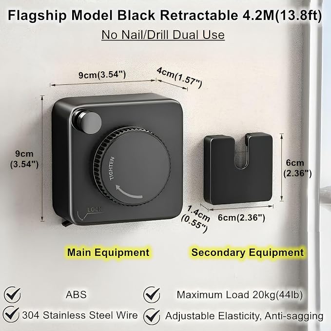 13.8ft Retractable Clothesline, Non-sag Clothesline, Indoor & Outdoor Heavy - Image 2