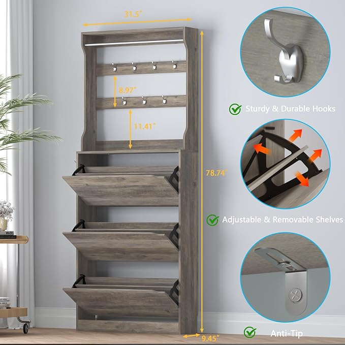 Shoe Cabinet with 3 Flip Drawers & Coat Rack, Narrow Hidden Shoe Storage Cabinet - Image 2