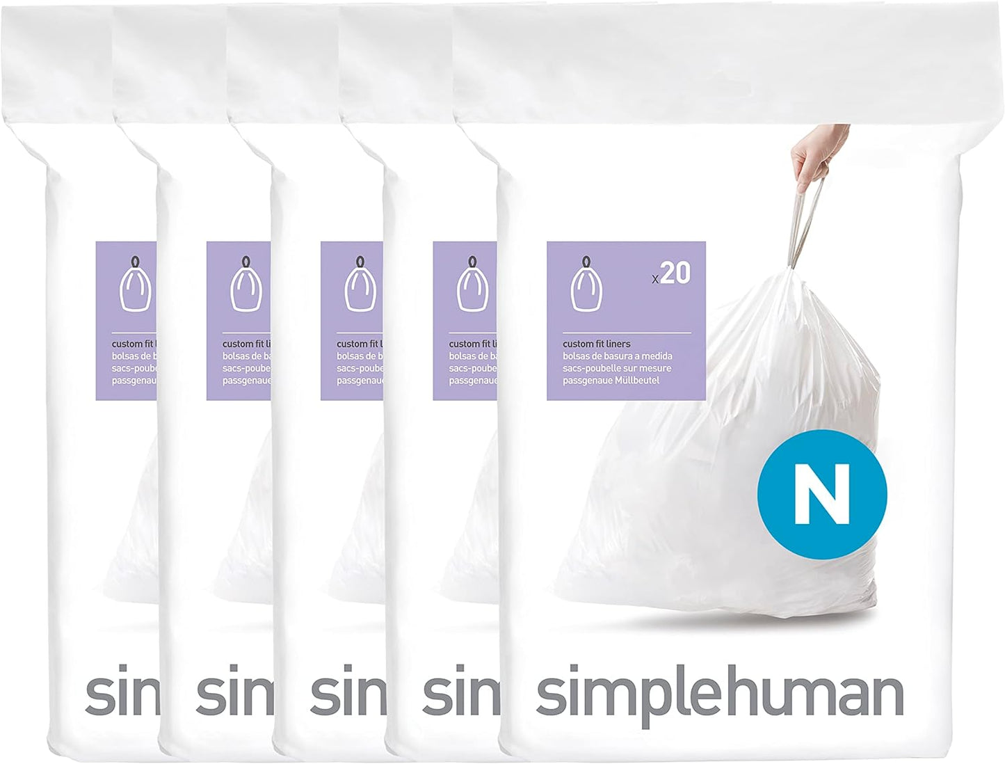 simplehuman Code N 100 Count Custom Fit Liners, Drawstring Kitchen Trash Bags, One-by-One Mess-Free Dispense, Extra Thick & Double Seamed, 50% PCR Plastic, 40-50 Liter / 10.6-13 Gallon, White