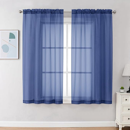 Chyhomenyc Royal Blue Sheer Curtains 63 Inch Length 2 Panels, Rod Pocket Solid by Chyhomenyc