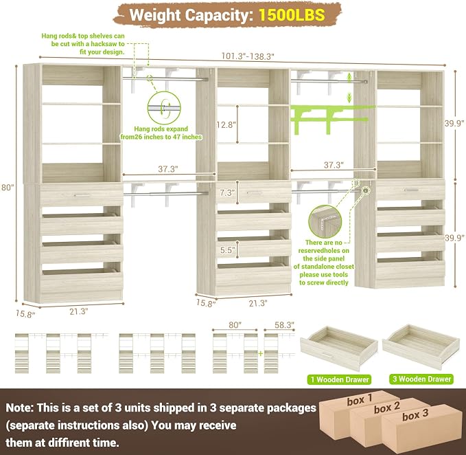 Aheaplus Closet System Set of 3, 138.5" Wood Closet Organizer System Tower - Image 7