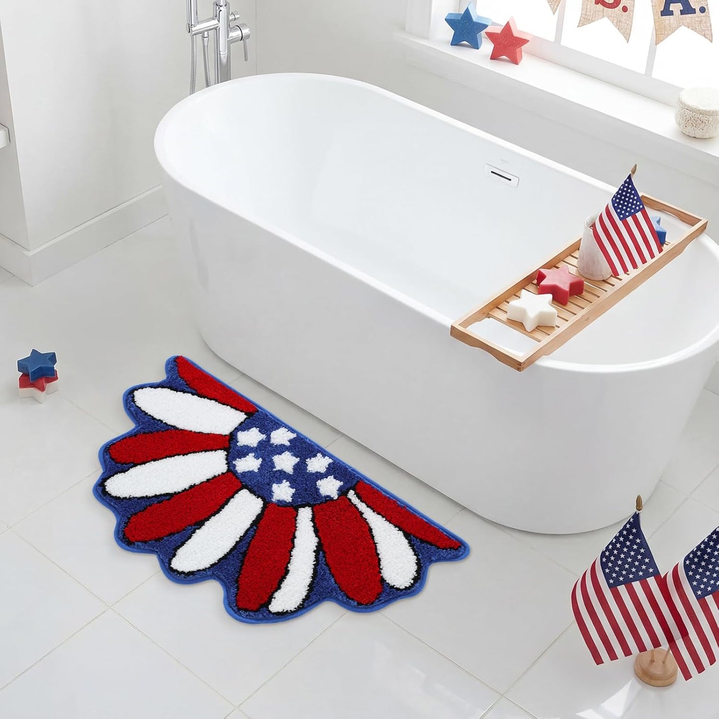 Moutina Memorial Day Daisy Floral Bath Mat 16x30 Inch, Soft and Absorbent Tufted 4th of July Bathroom Rug Non Slip Washable, Patriotic Bathroom Decor Half Circle Rug Holiday Decorations