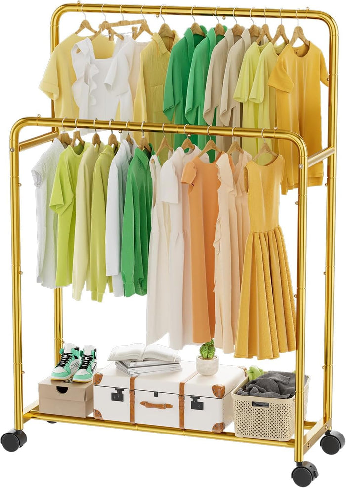 Simple Trending Clothing Clothes Rack Double Rods with Wheels, Rolling Metal Garment Rack for Hanging, Gold