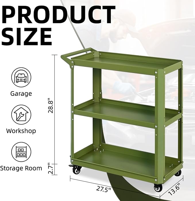 3 Tier Rolling Tool Cart with Lockable Silent Wheels, 330 LBS Capacity - Image 2
