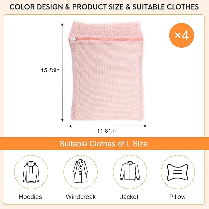 4-Piece Pink Medium Durable Organic Cotton Mesh Laundry Bags - Image 4