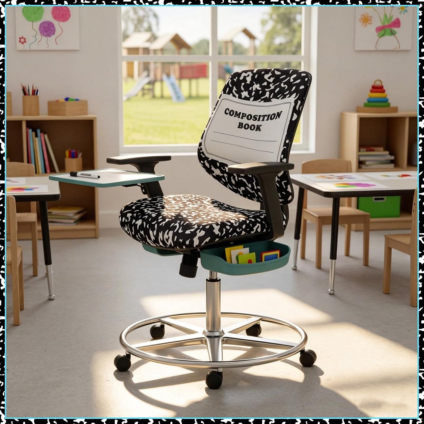 Chumia Composition Notebook Classroom Decor Teacher Office Chair Slipcover Teacher Black and White Composition Cover for Office Classroom Chair Protective Stretch Decorative Fabric Cover Standard Size