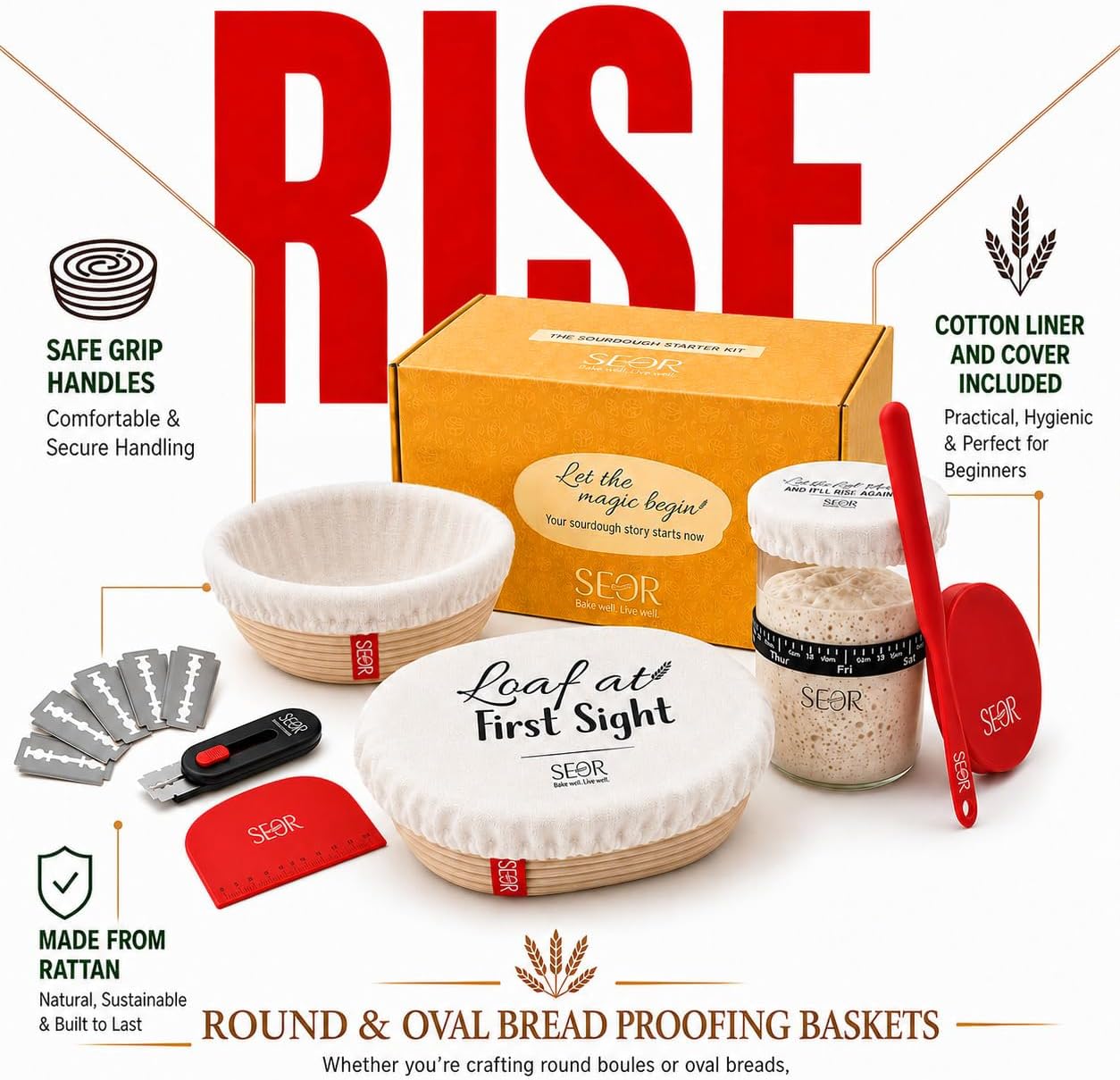 SEOR Premium Sourdough Starter Kit 42oz Glass Jar – Complete Sourdough Bread Baking Supplies with Banneton Proofing Baskets, Sour dough Tools & Accessories, Bread Making Kit
