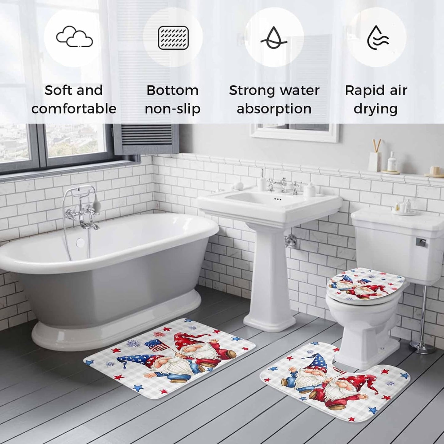 4th of July Bathroom Rugs and Mats Sets 3 Piece Patriotic Stars Gnomes Bath Sets Non Slip Bath Rug Set with U Shape Rug Fireworks Grey Buffalo Plaid Contour Toilet Rug for Bathroom Floor Large Size