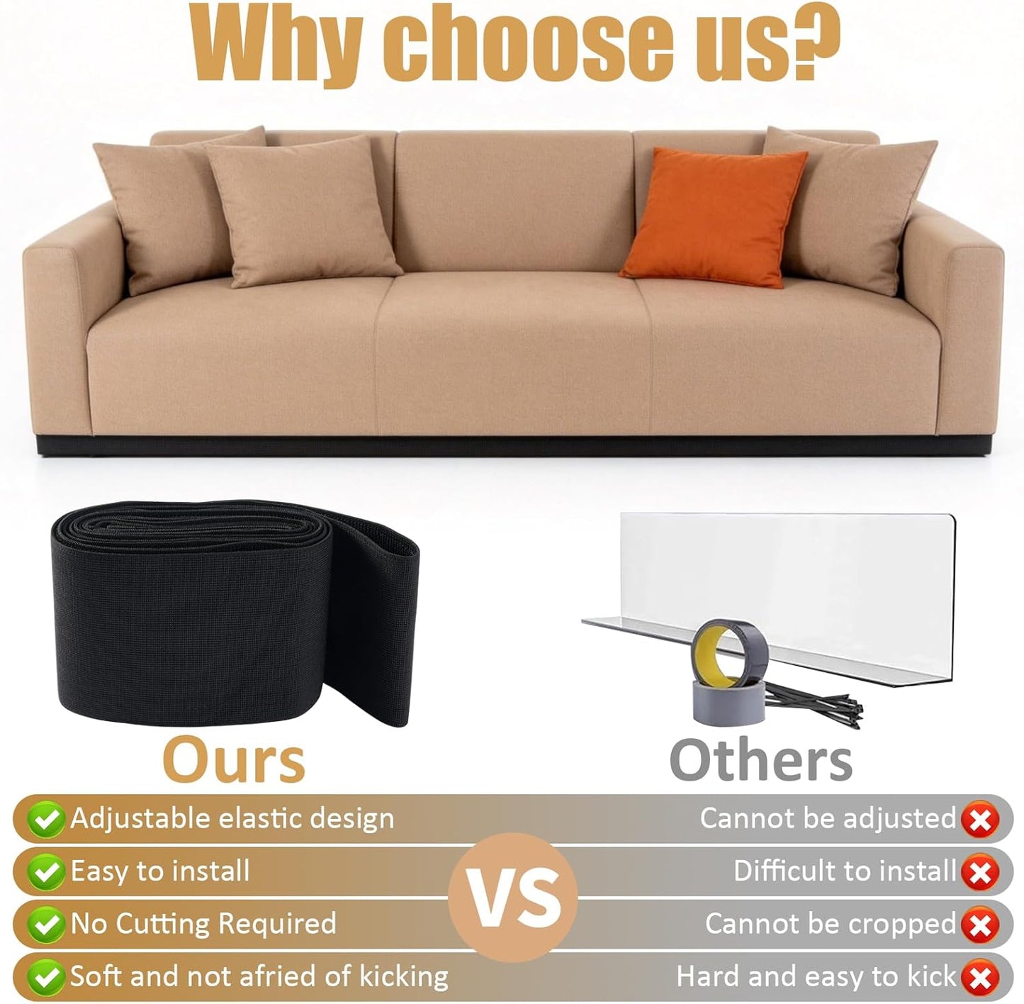 Under Couch Blocker Adjustable Elastic Couch Bed Blockers Suitable for Right-Angle Furniture Legs, for Pets and Kids Toys to Prevent Things from Going Under Sofa (5''×132'')