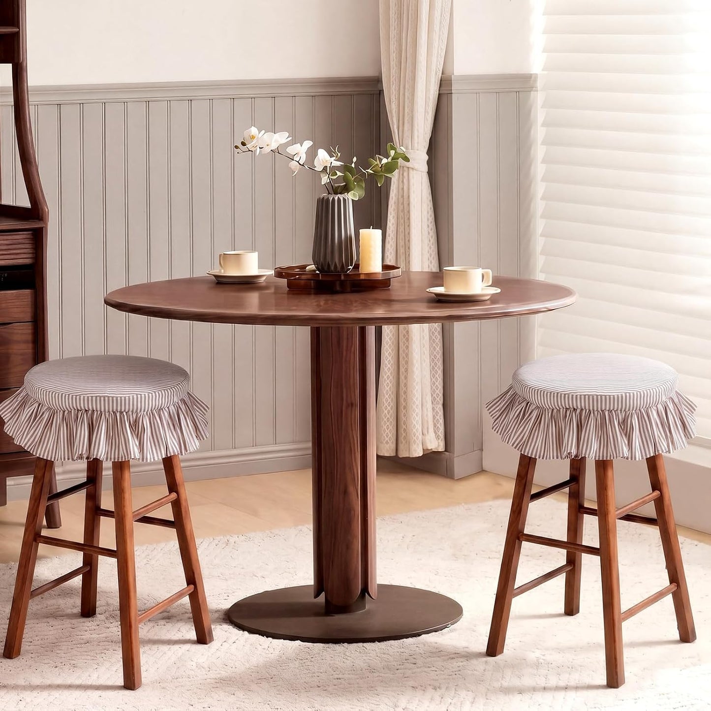 2 Pcs Bar Stool Covers with Ruffles 12 Inch Round Stool Cover with Elastic Band Pad Farmhouse Seat Slipcover Nonslip and Washable(Beige,Stripes)