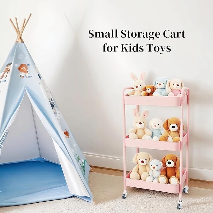 3 Tier Pink Rolling Cart for Nursery & Laundry Room - Image 6