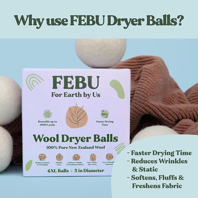 FEBU Wool Dryer Balls, XL | 100% New Zealand Wool | Natural, Reusable Fabric - Image 2