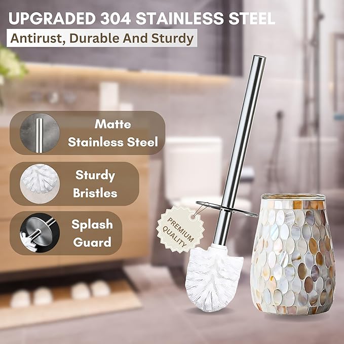 Escenzy Modern Toilet Brush and Holder Set | Natural Shell Mosaic Glass | - Image 2
