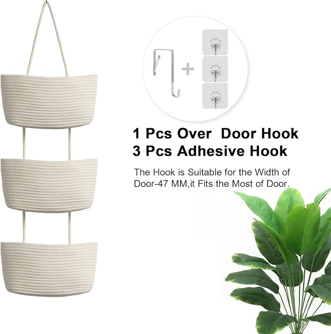 TeoKJ Over the Door Hanging Baskets, 3-Tier Woven Cotton Storage Organizer Bag - Image 3