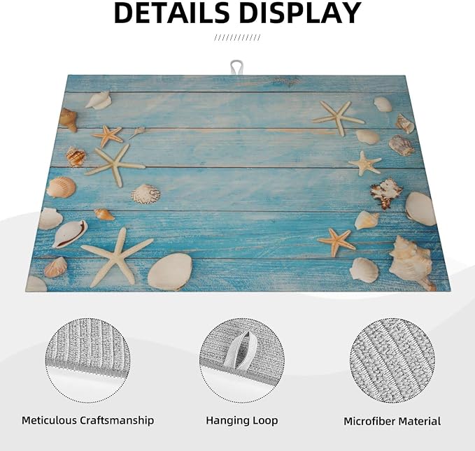 Seashells Starfish On Blue Wood Absorbent Microfiber Xl Dish Drying Mat - Image 4
