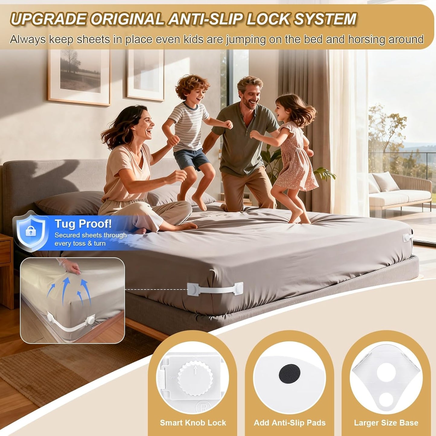 Lock Bed Sheet Holders for Corners, Patented Sheet Straps with Anti-Slip Pads & Knob Locks to Keep Sheets Tight & Neat, 4Pcs Heavy-Duty Bed Sheet Grippers for All Mattress, Easy One-Time Installation