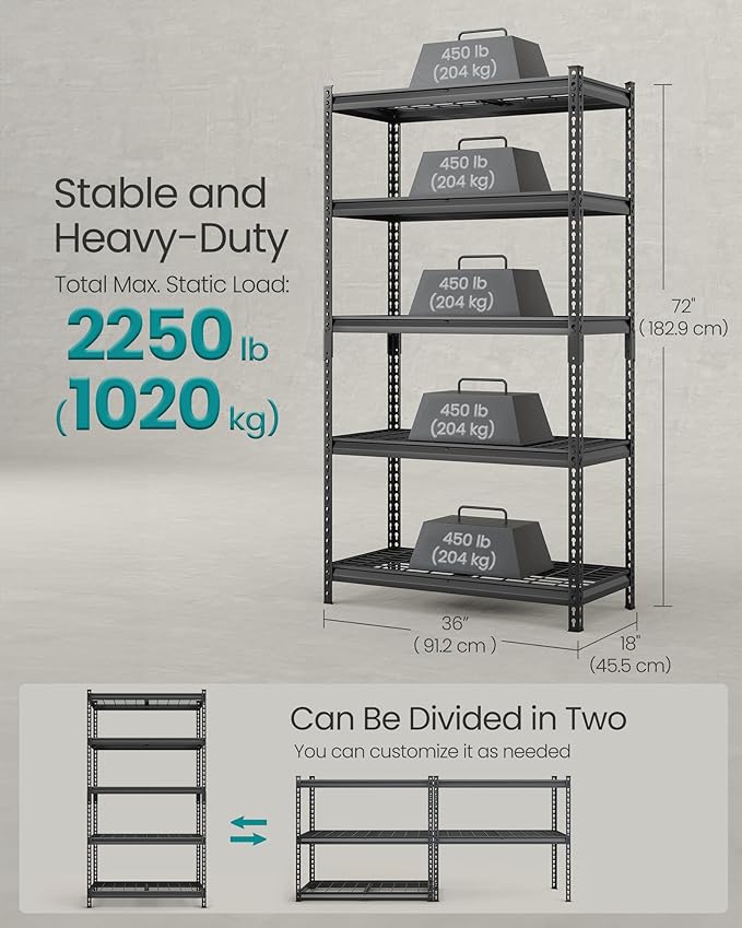 SONGMICS 5-Tier Storage Shelves, Heavy-Duty Garage Shelving, Adjustable - Image 3
