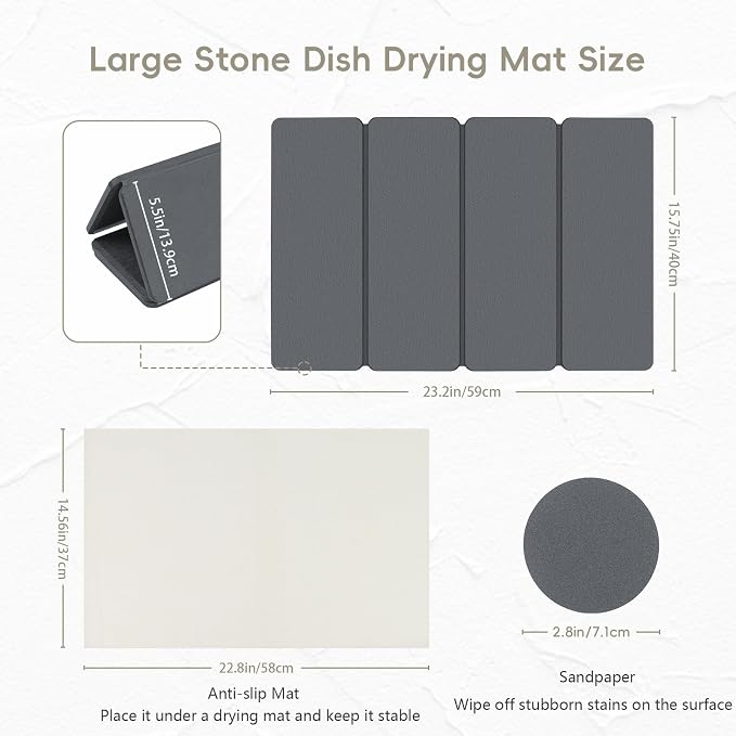 Large Stone Dish Drying Mat for Kitchen Counter, HQAUT 24×16" Collapsible Quick - Image 2