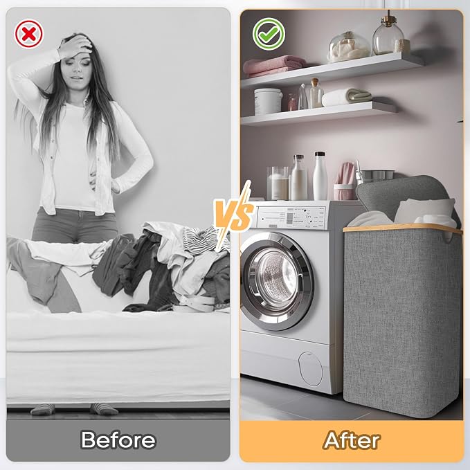 BALEINE Laundry Hamper with Lid, Tall Laundry Baskets with Bamboo Pull Handles - Image 7
