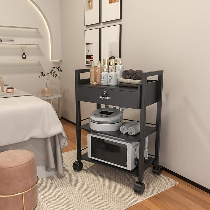 Paddie Salon Trolley Cart, Salon Tray Wooden Mobile Utility Cabinet
