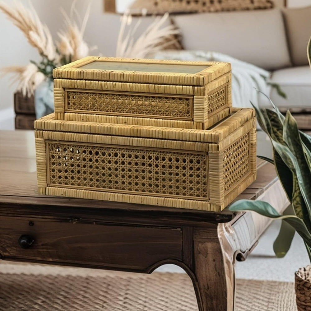 Rattan Display Box for Home Decor with Lid - Rectangular Coastal Bohemian Sty...