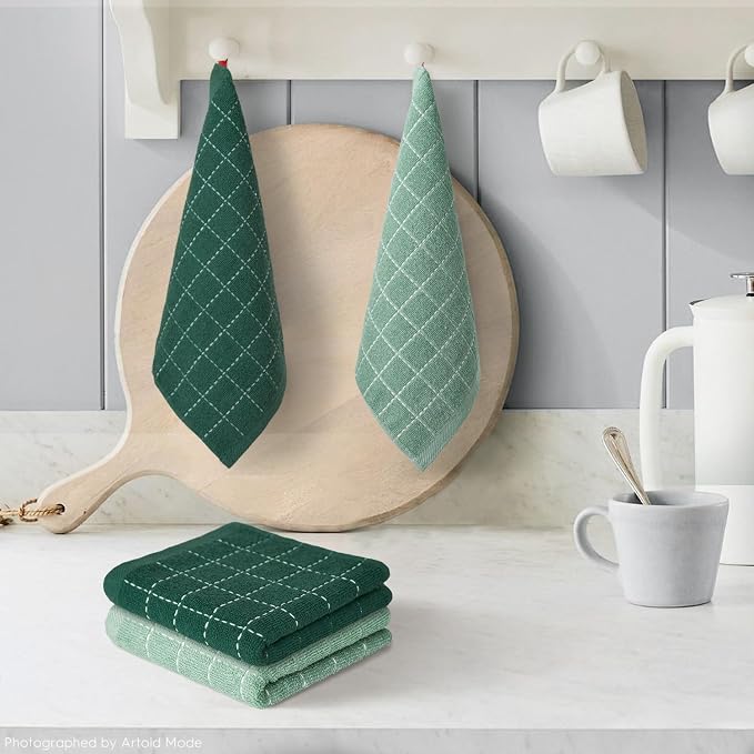 Artoid Mode Checkered Designed Cotton Dark Green Terry Kitchen Dish Cloths - Image 2