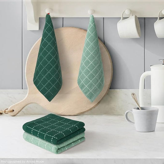 Artoid Mode Checkered Designed Cotton Dark Green Terry Kitchen Dish Cloths - Image 2