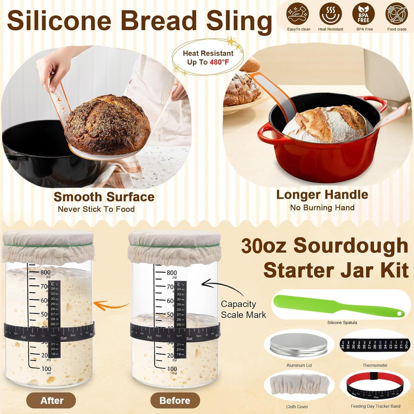 Sourdough Starter Kit, Banneton Bread Proofing Basket Set with Glass Starter Jar, 9" Round & 10" Oval Proving Basket Supplies, Complete Sourdough Bread Baking Tools Kit Gift for Bakers Women