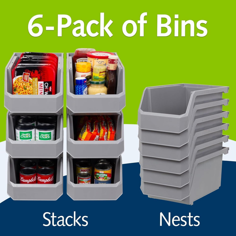 ReadySpace Large Stackable Plastic Storage Bins, 6-Pack, Grey