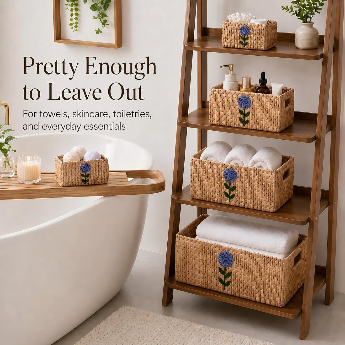 Water Hyacinth Woven Decorative Baskets - Pantry Organizers and Storage | Set of 5 Handwoven Organizer Bins with Hand-Embroidered Flower, Built-in Handles, Shelf Baskets for Nursery, Bathroom