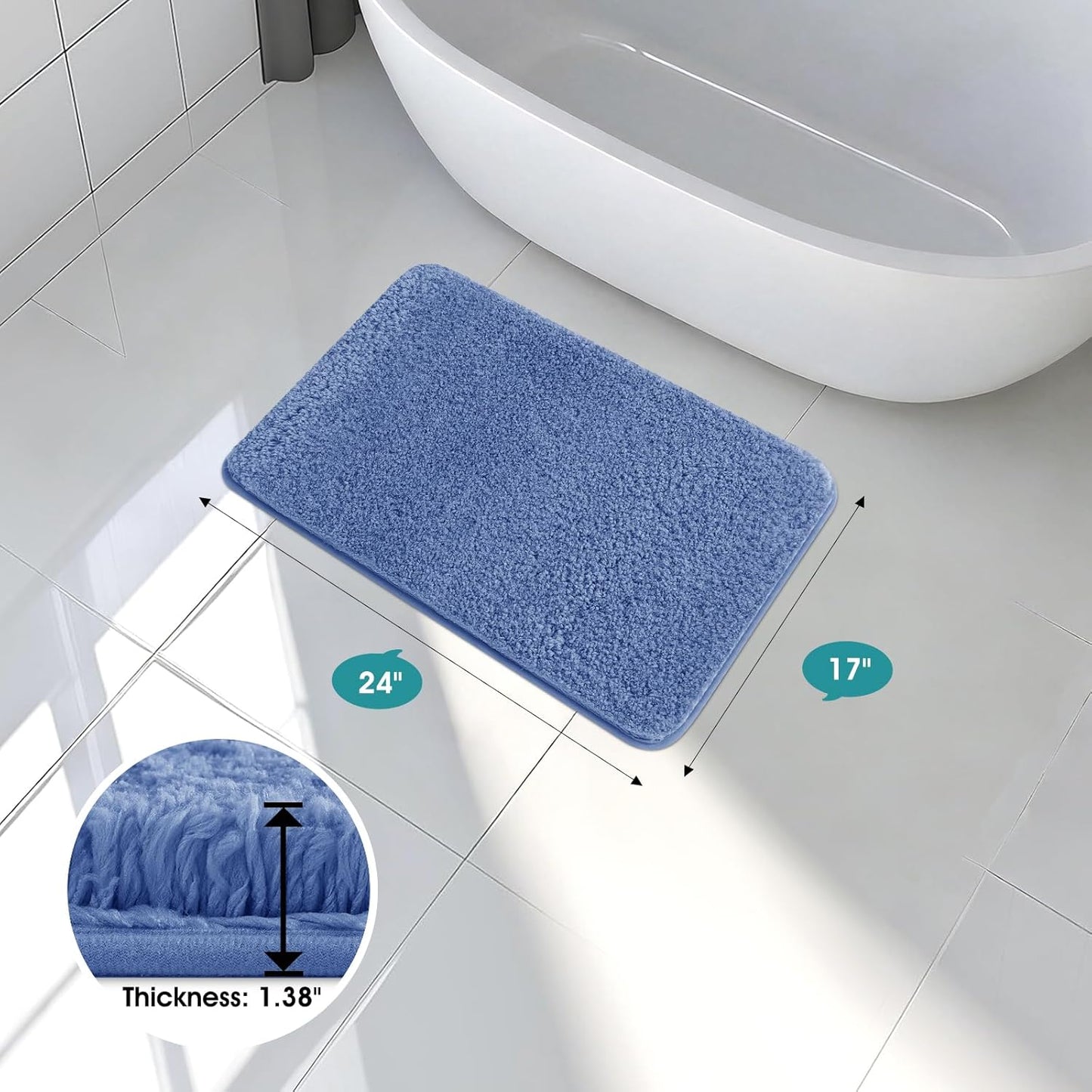 Microfiber Thick Bathroom Rugs, Flurry Non Slip Bath Rug, Ultra Soft Plush Absorbent Bathroom Mat, Machine Washable Luxury Toilet Rug Set, Bath Mat for Tab, Shower and Bathroom, Blue, 24"x17"