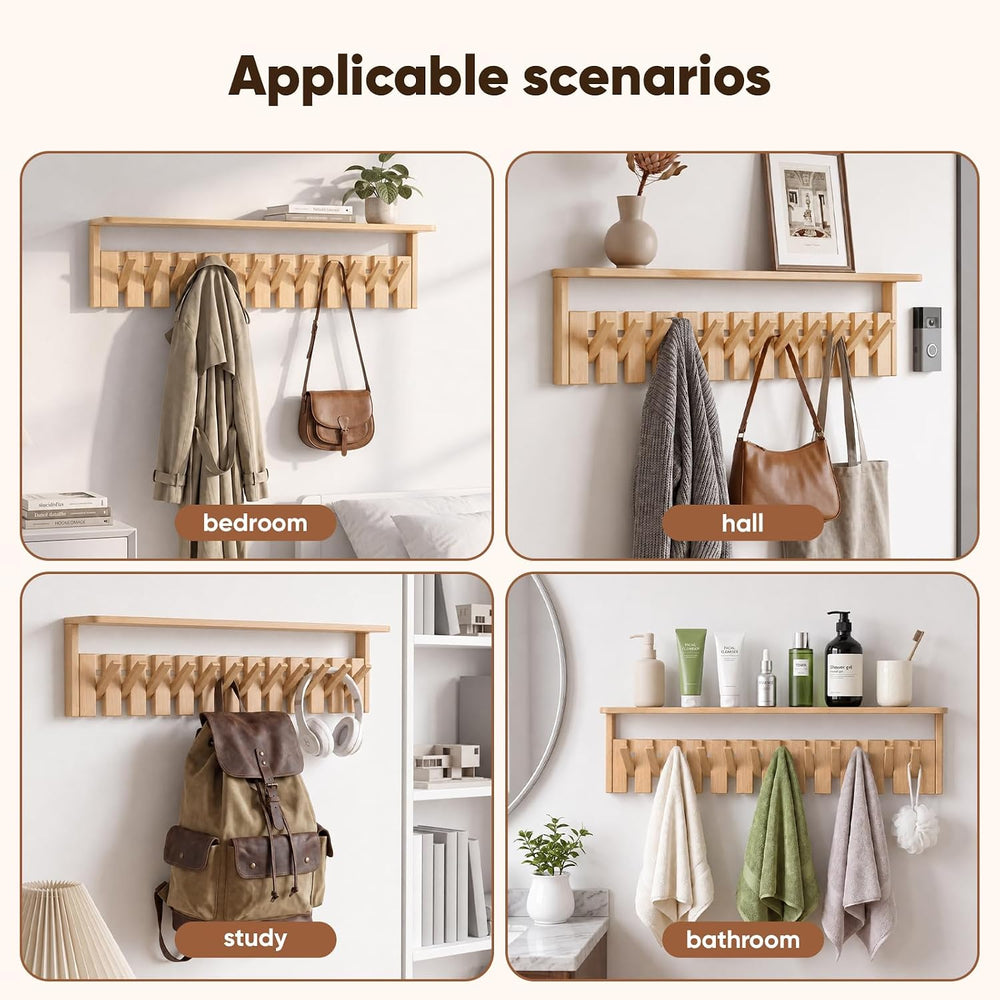Wall Mounted Coat Rack with Shelf, 12 Flip-Down Hooks, Natural