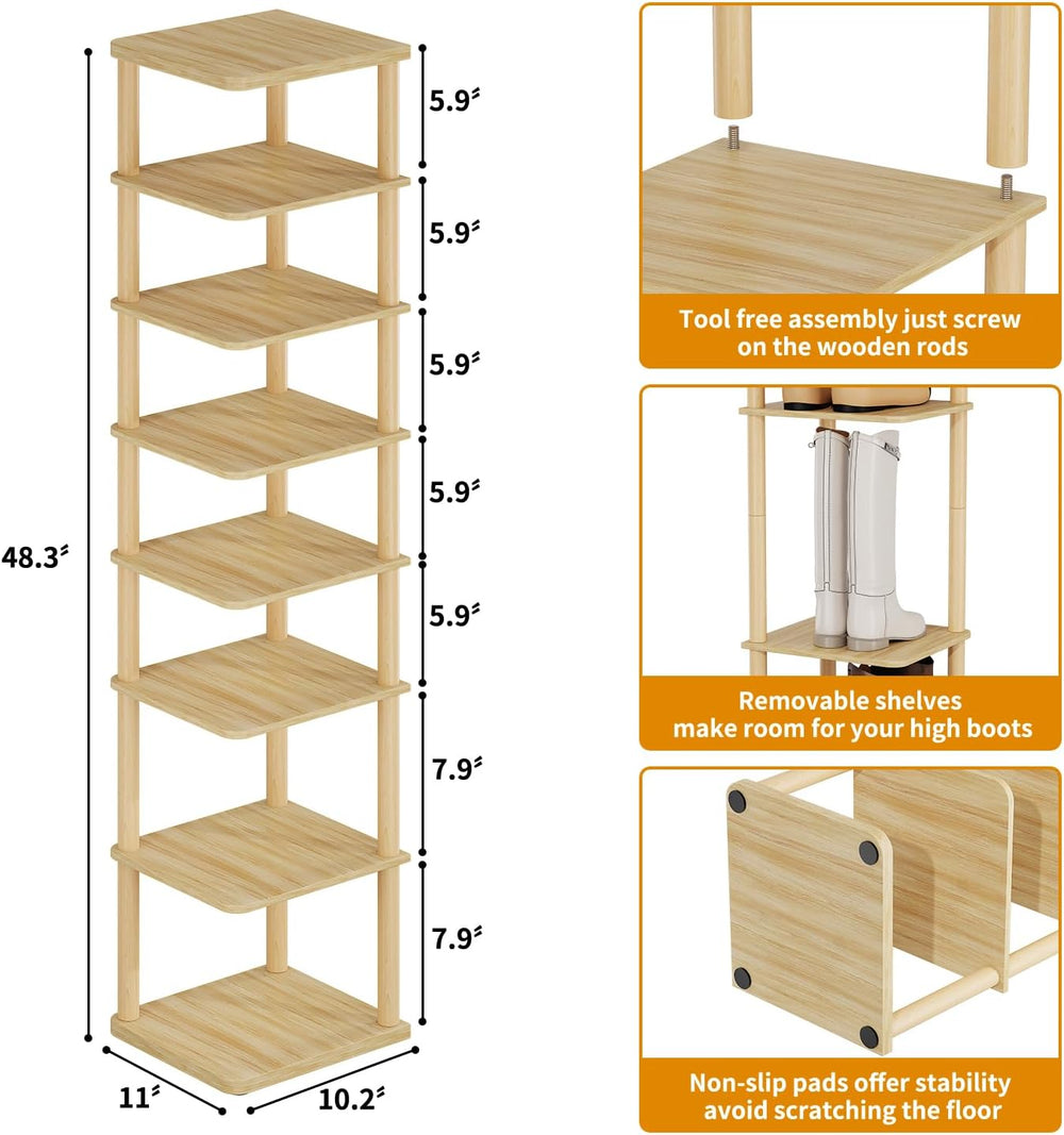 8 Tiers Vertical Shoe Rack Tall Narrow Shoe Tower Corner Shoe Rack, Natural