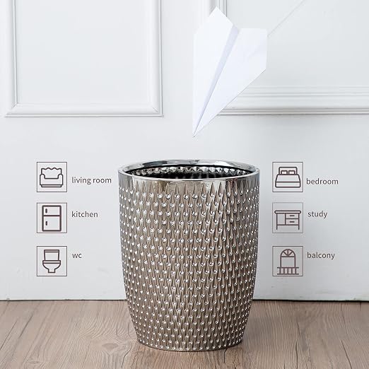 Modern Round Silver Small Trash Can Wastebasket, Garbage Container Bin - Image 2